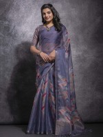 Slate Blue Pattern Linen SIlk Digital Print Saree